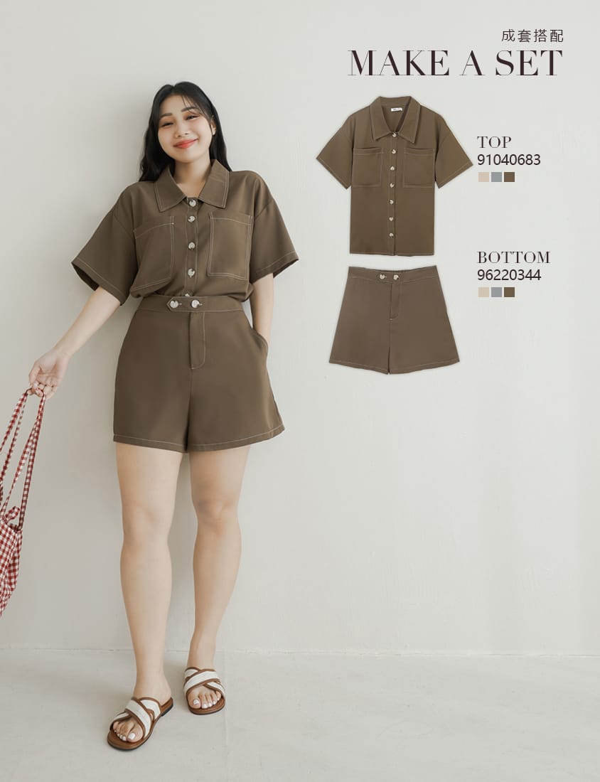 Color-Block Stitched Large Pocket Plus Size Short Sleeve Shirt