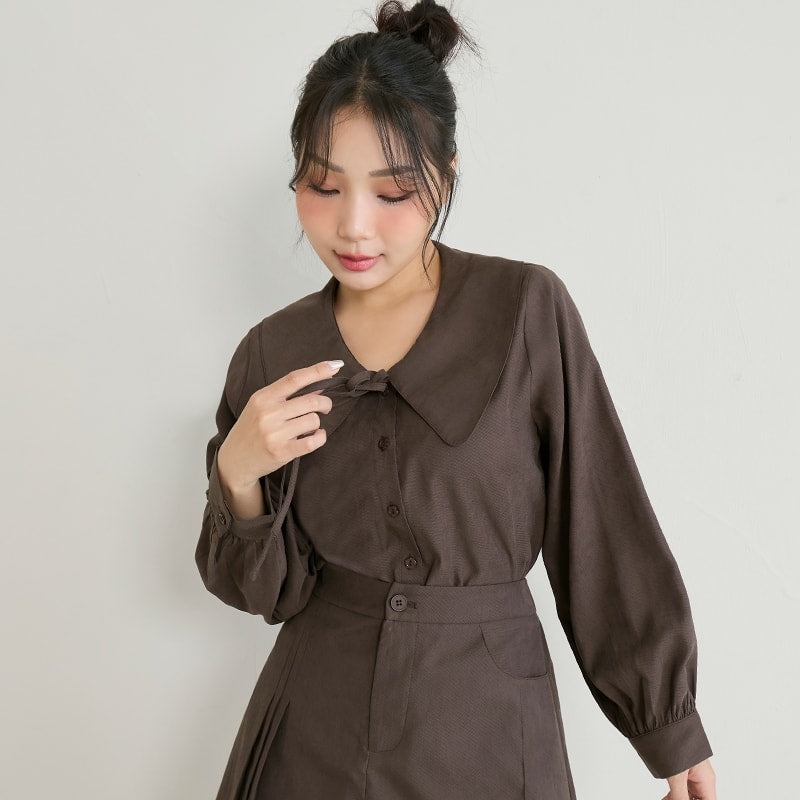 Sweet Multicolor Collar Tie Puff Sleeve Plus Size Shirt