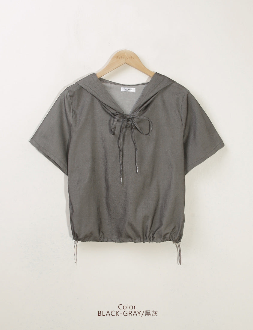 Faux Denim Hoodie Tie-Front Plus Size Short Sleeve Top