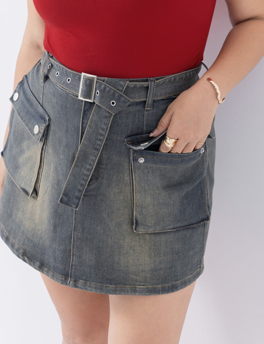 MUA! Washed Denim Plus Size Utility Skort with Belt