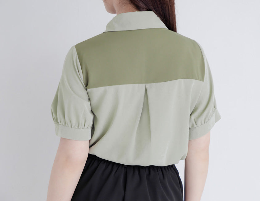 MISS. Faux Two-Piece Color-Block Bow Puff Sleeve Plus Size Blouse