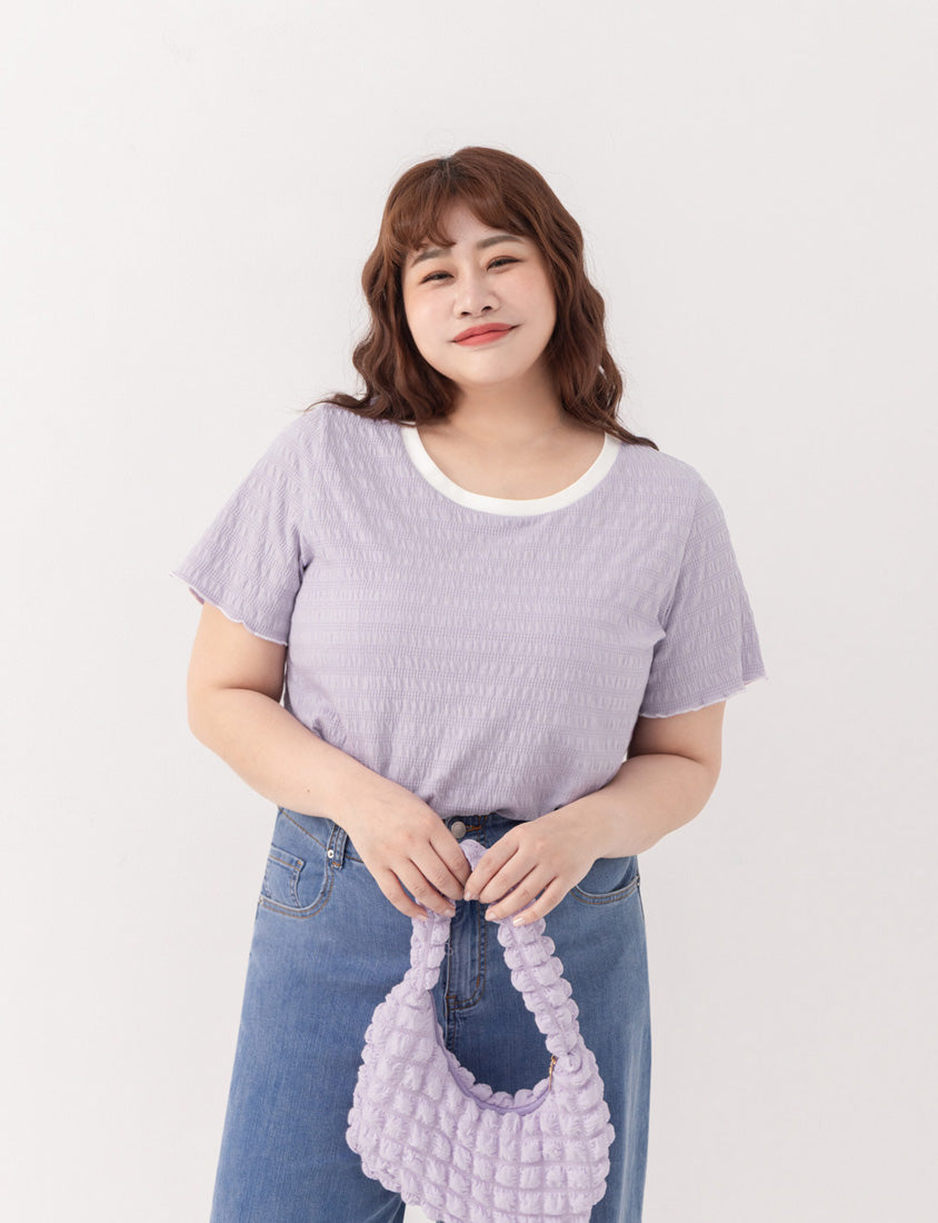Multicolor Crew Neck Color-Block Crinkled Plus Size Short Sleeve Top