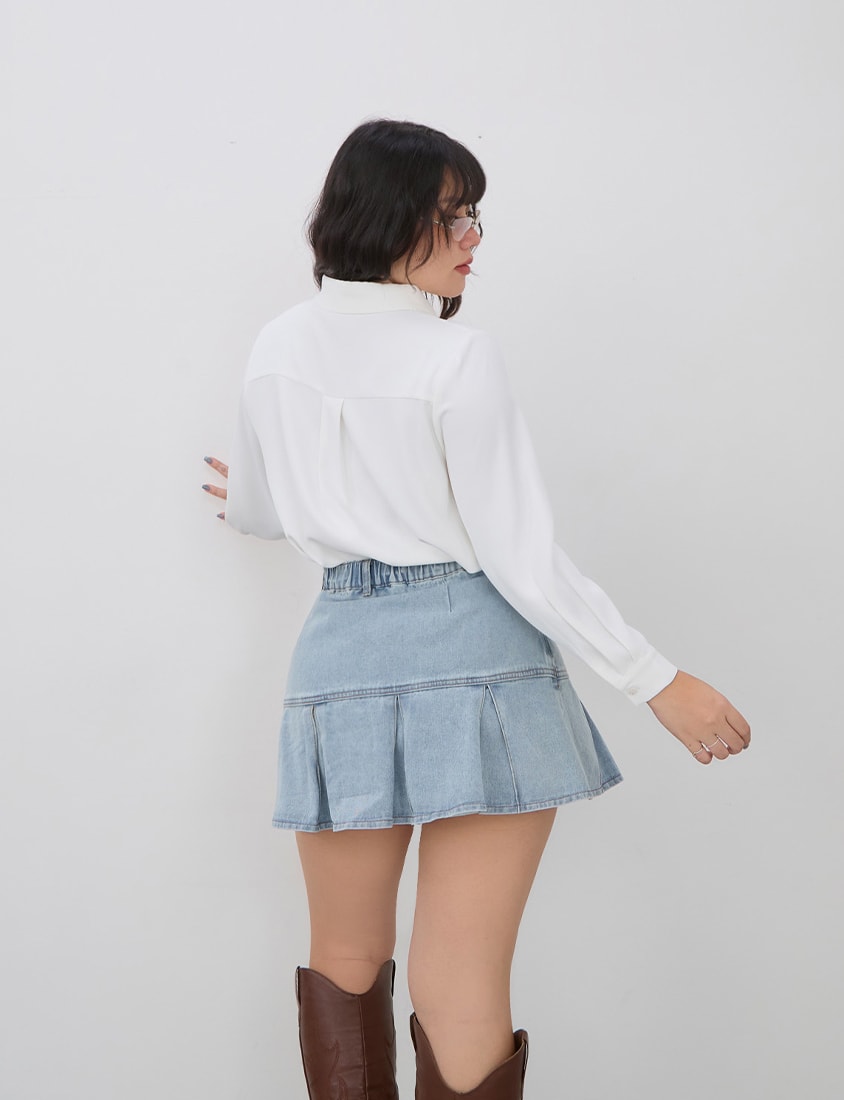 Vintage Washed Pleated Plus Size Denim Skort (With Pants)