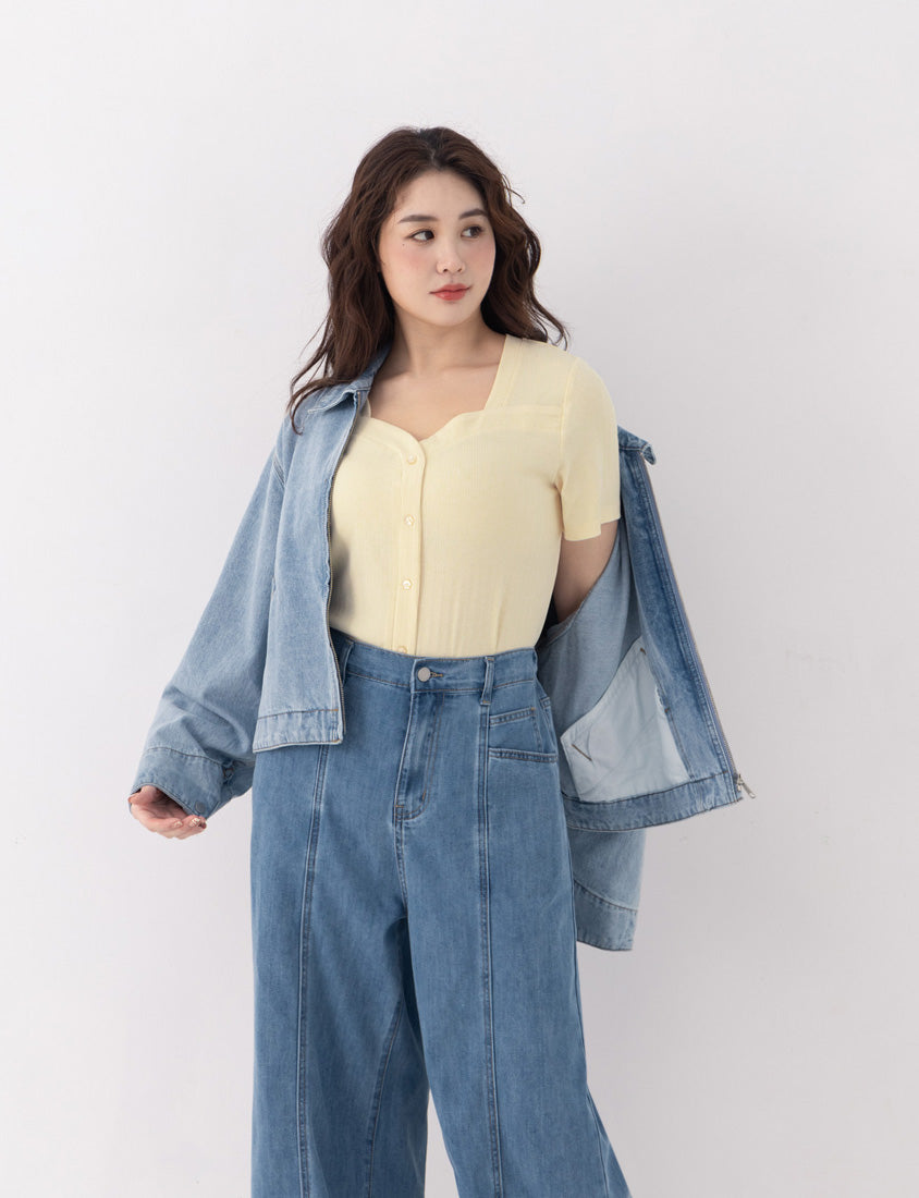 Multicolor Heart Collar Floral Button Plus Size Ribbed Top