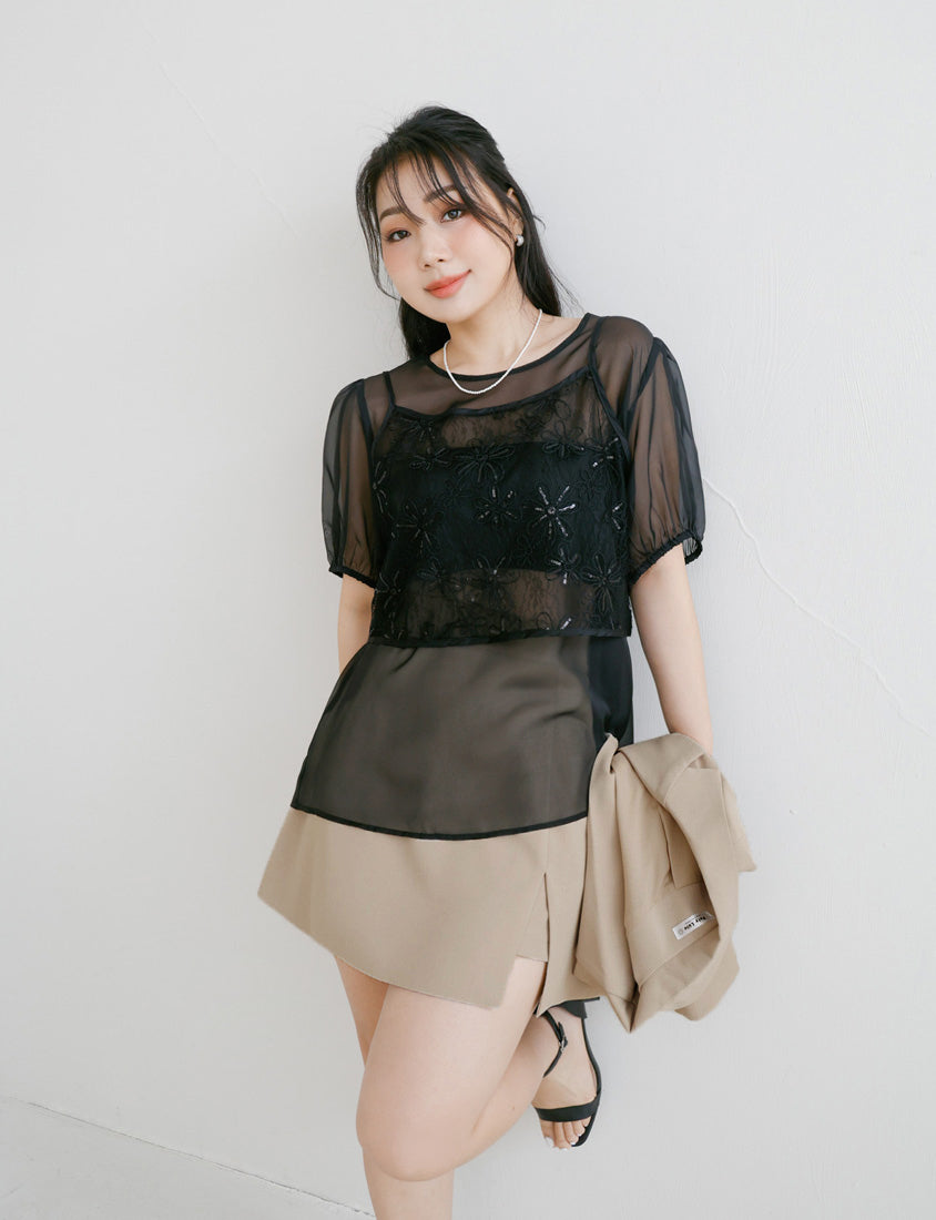 MISS. Sheer Textured Round Neck Puff-Sleeve Plus Size Blouse