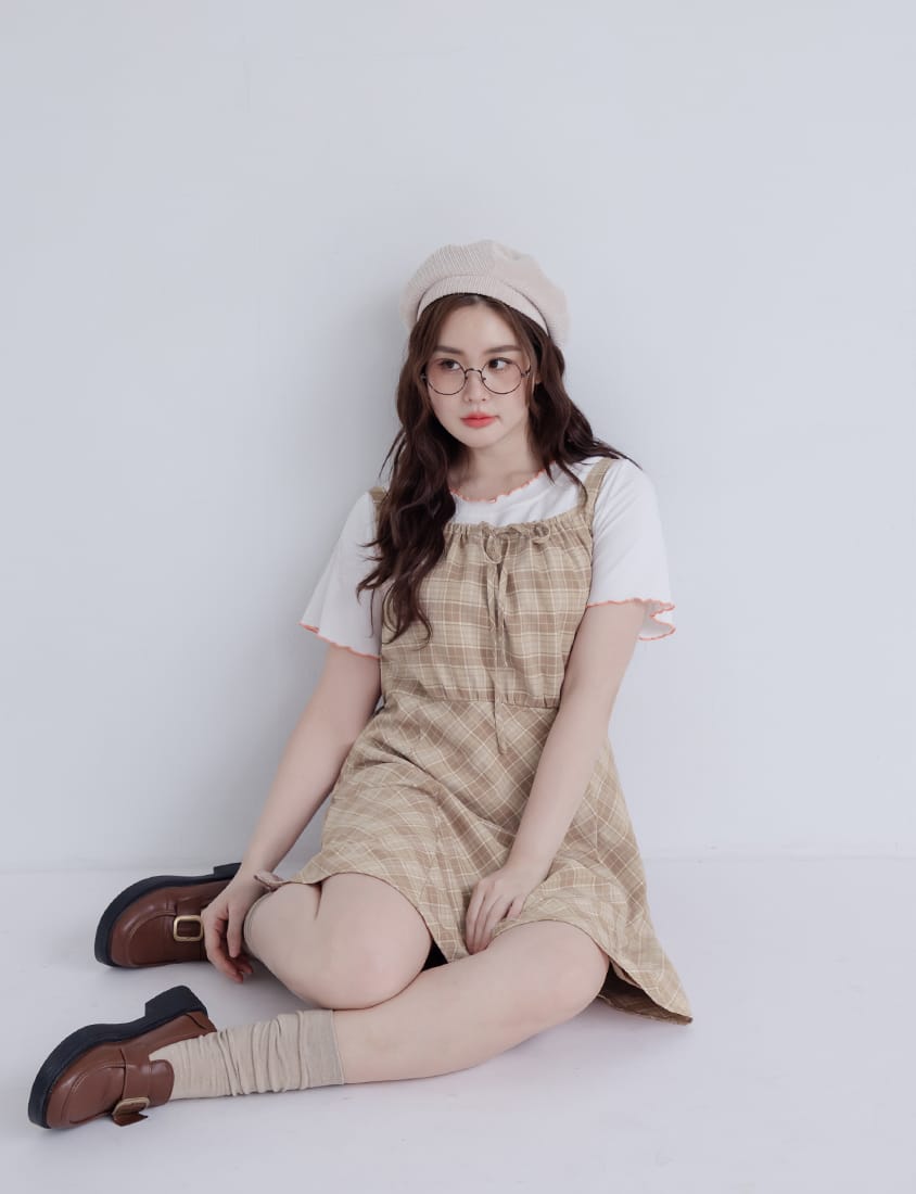Preppy Adjustable Plaid Plus Size Mini Dress