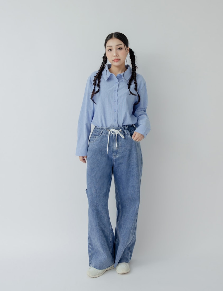 Edgy Contrast Drawstring Plus Size Distressed Jeans