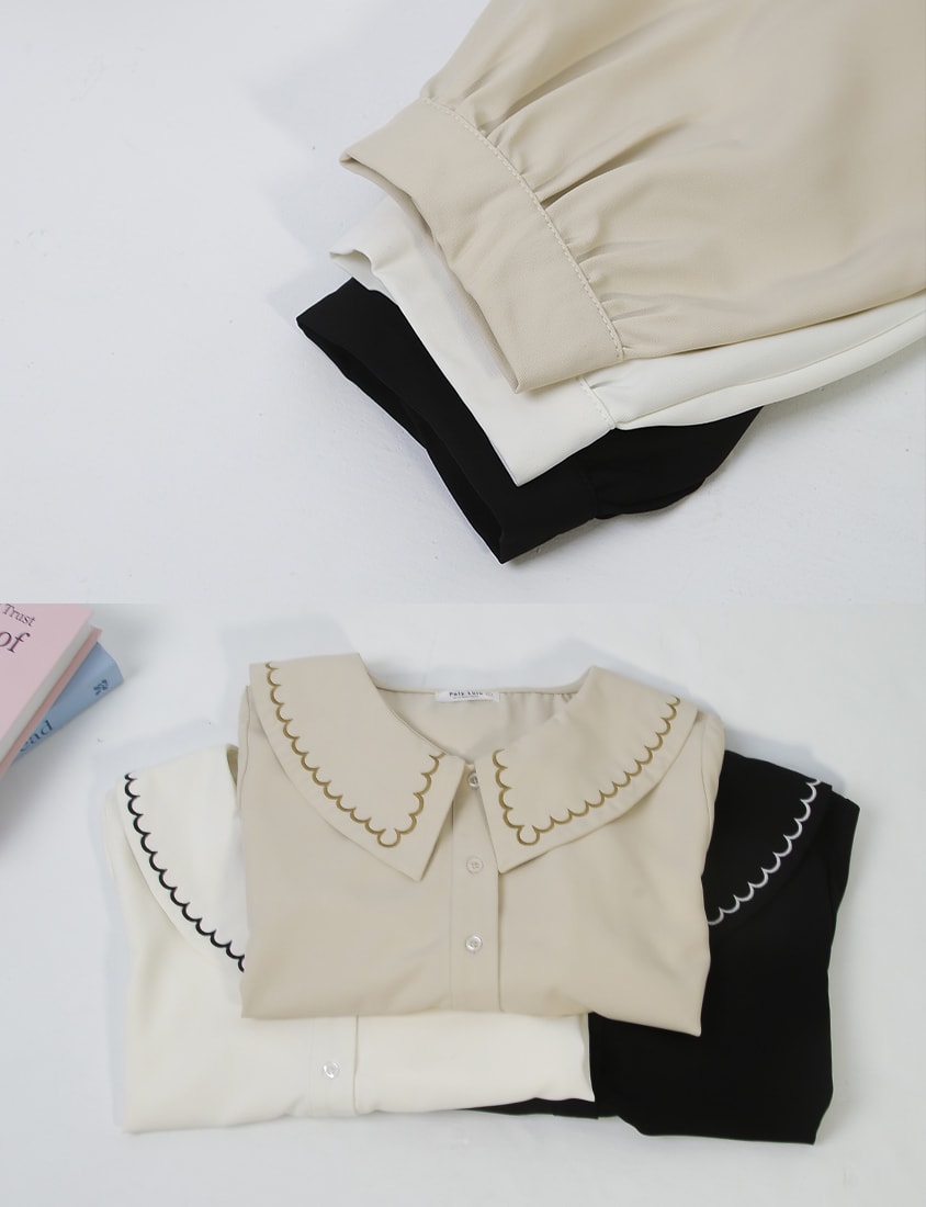 Contrast Embroidered Oversized Collar Plus Size Long Sleeve Shirt