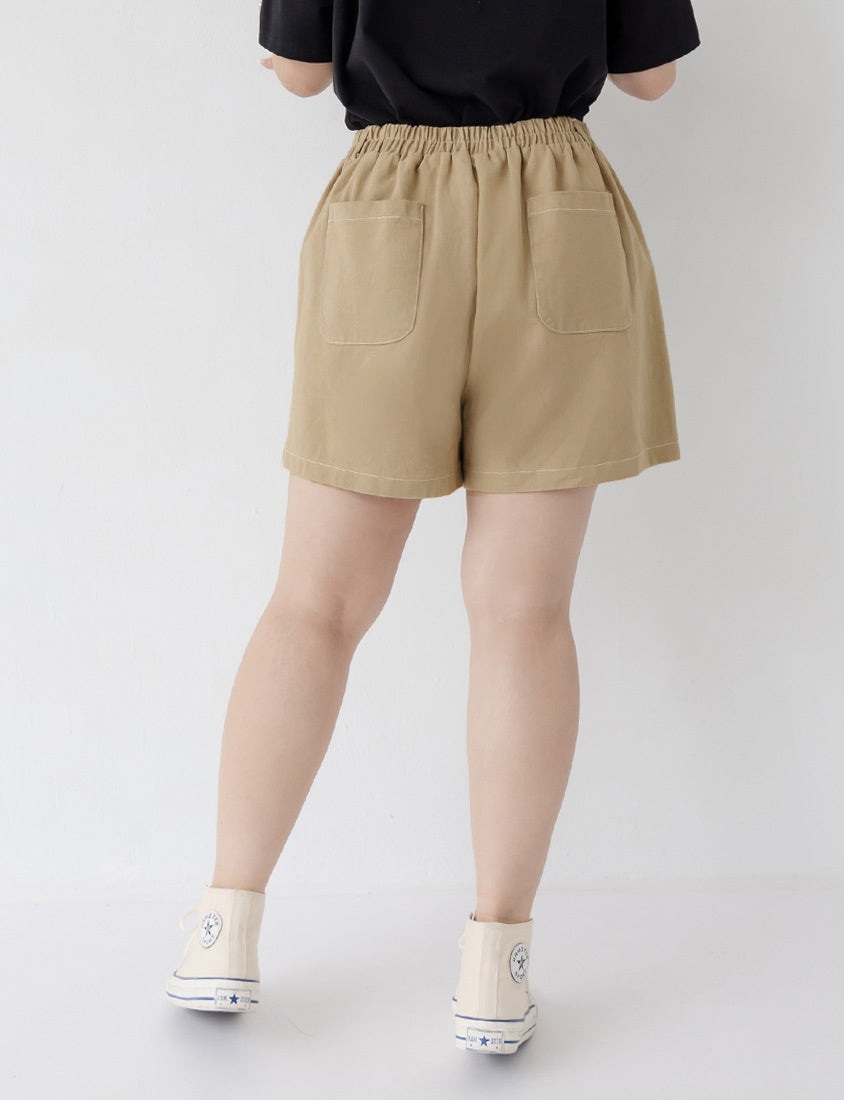 Twill Contrast Stitch High Waist Plus Size Shorts