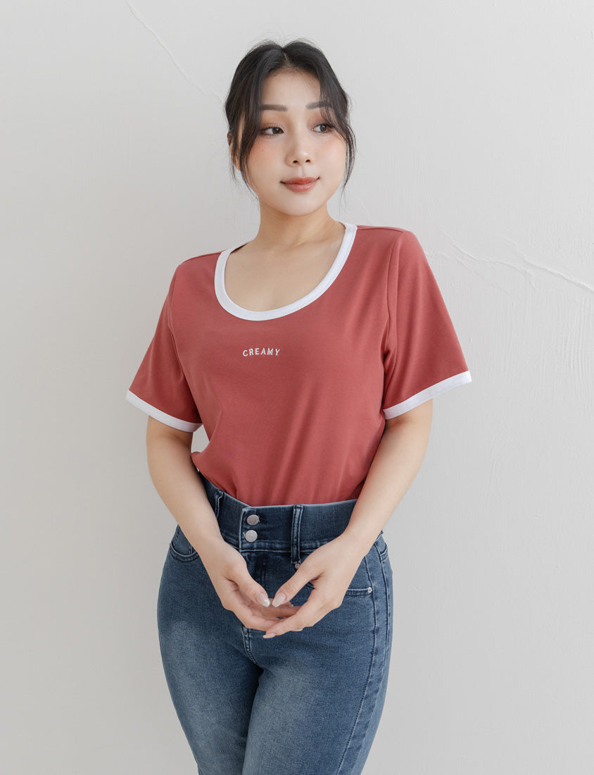 CREAMY Embroidered Color-Block Plus Size Tee