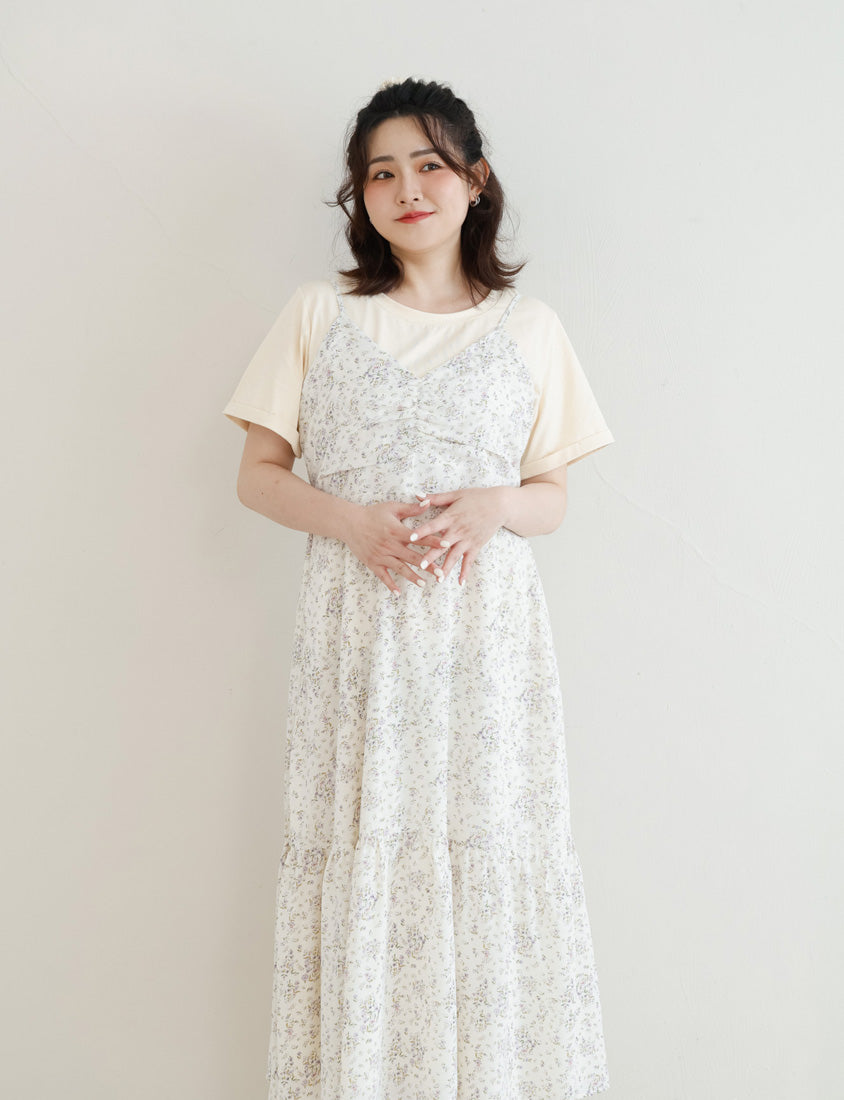 Ruched Floral Flared Hem Plus Size Cami Strap Dress
