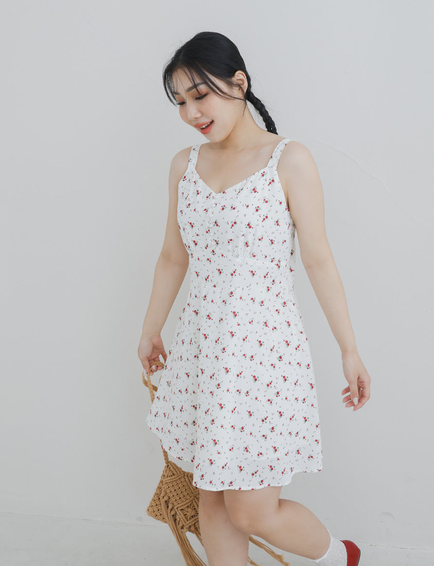 Adjustable Pearl Button Floral Plus-Size Mini Dress