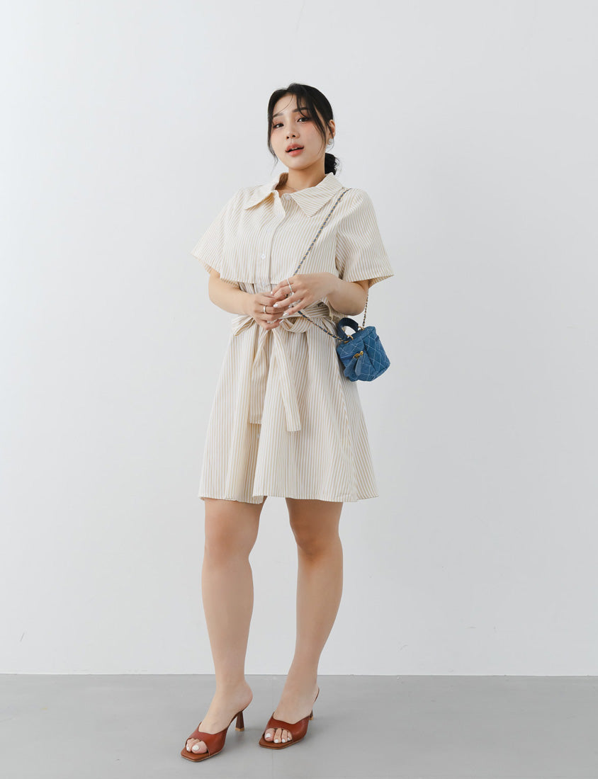 MISS. Japanese Style Striped Layered Plus Size Shirt Dress (with Belt)