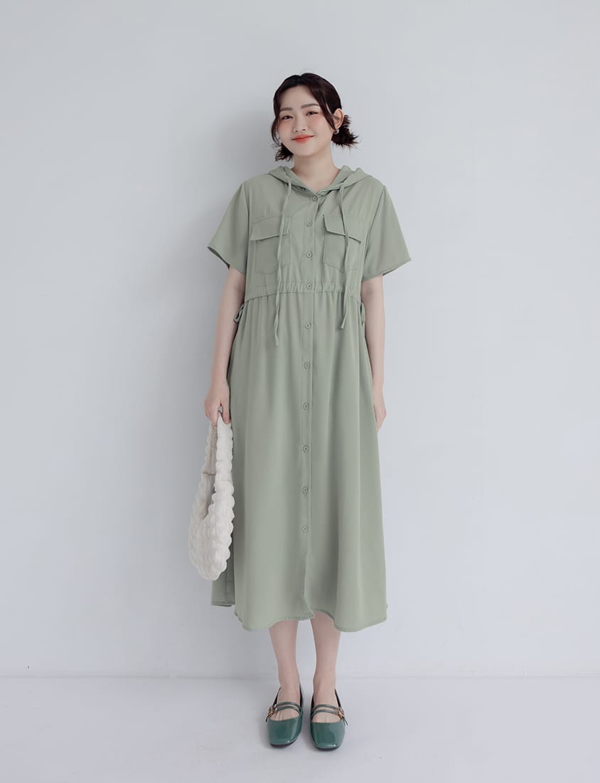 Cargo Hooded Button-Up Plus Size Maxi Dress