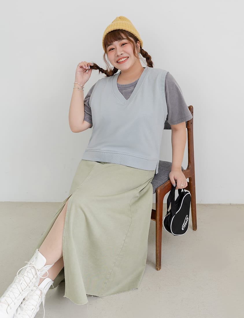 Sweet Versatile V-Neck Cotton Side Slit Plus Size Vest