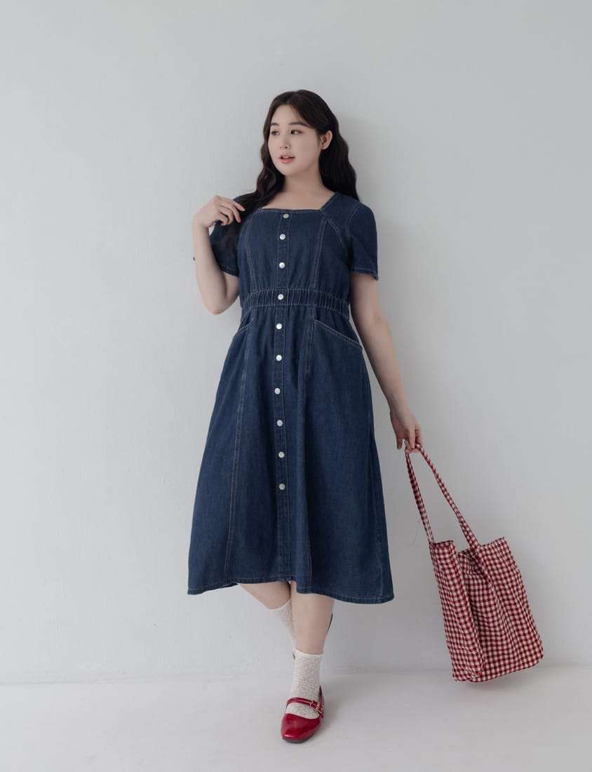 Square Neck Faux Button Elastic Waist Plus Size Denim Maxi Dress