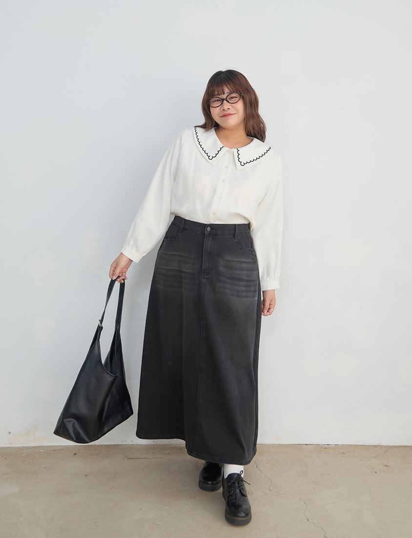 Apple-Shaped Friendly! Perfect Fit Back Slit Plus Size Denim Maxi Skirt