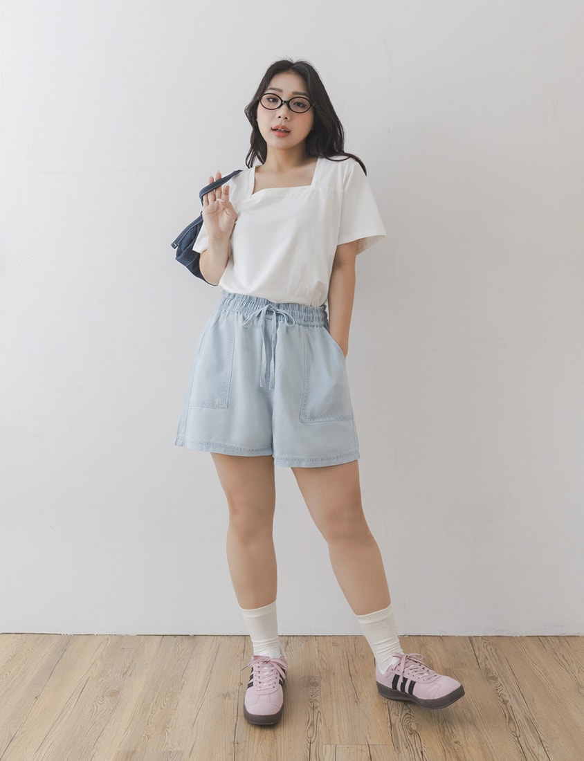 Skin-Friendly Lyocell Silky Denim Contrast Stitch Plus Size Shorts