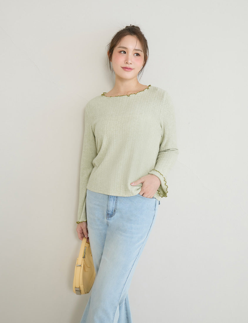 Contrast Lettuce-Edge Jacquard Plus Size Long Sleeve Top