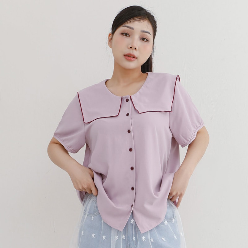 Sweet Contrast Lapel Collar Plus Size Shirt