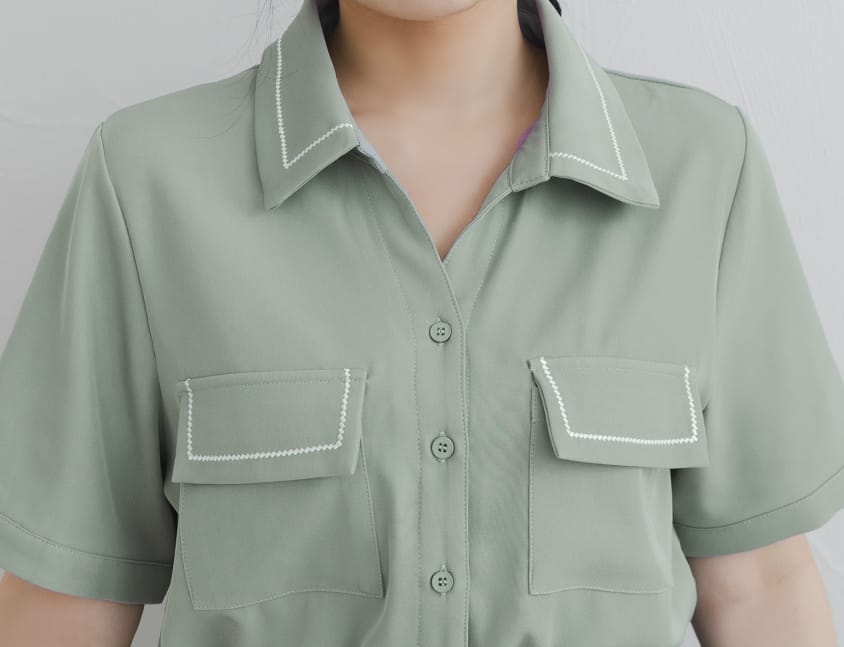 Color-Block Embroidered Pocket Plus-Size Short Sleeve Shirt