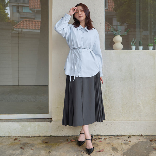 MISS. Korean Oxford Longline Plus Size Shirt (with Waist Tie)
