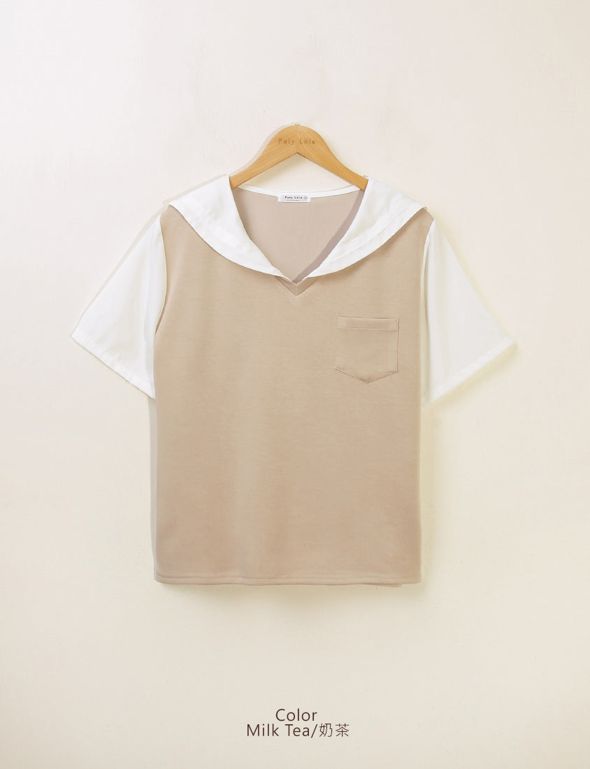 Space Cotton Sailor Collar Faux Two-Piece Plus Size Top