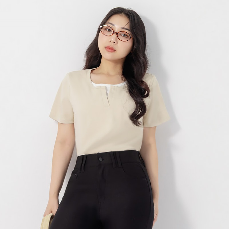 Versatile V-Neck Faux Two Piece Plus Size Tee