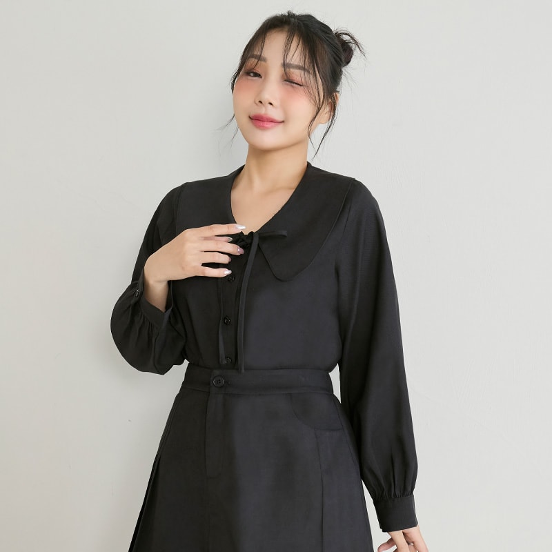 Sweet Multicolor Collar Tie Puff Sleeve Plus Size Shirt