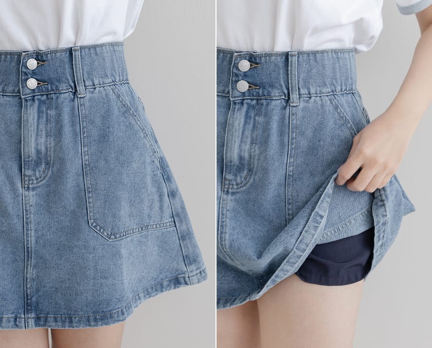 Waist-Cinching A-Line Plus Size Denim Skirt (With Shorts)