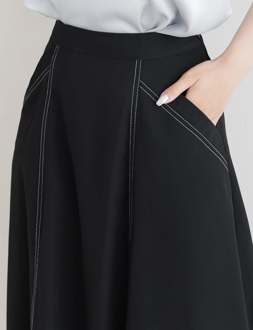 MISS. Contrast Stitch A-Line Back Elastic Waist Plus Size Maxi Skirt