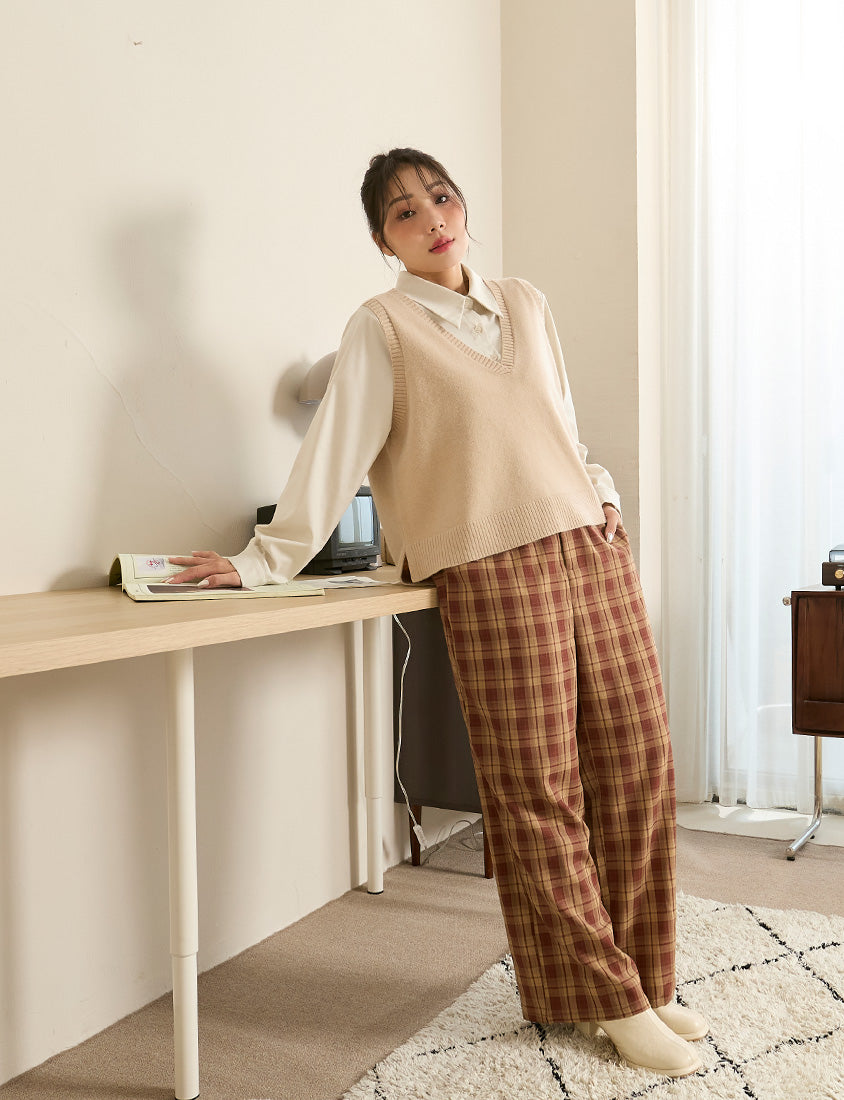 Cozy Plaid Back Elastic Waist Plus Size Tailored Pants