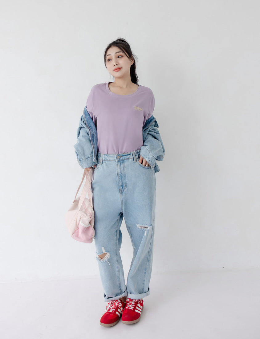 Distressed Side Elastic Waist Plus Size Boyfriend Jeans
