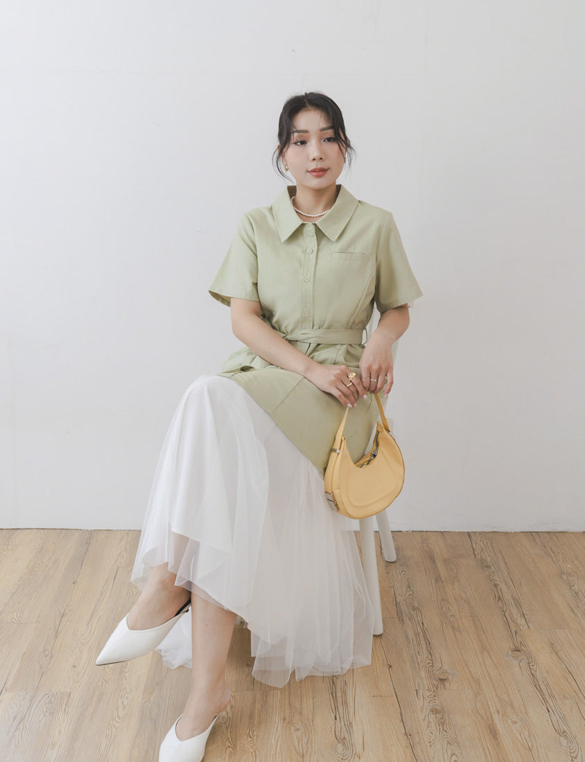 MISS. Korean-Style Button-Front Contrast Stitch Plus Size Dress (with Waist Tie)
