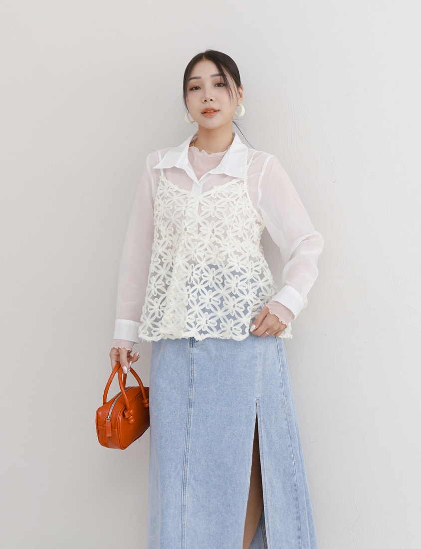 MISS. Faux Pockets Sheer Plus Size Cropped Shirt