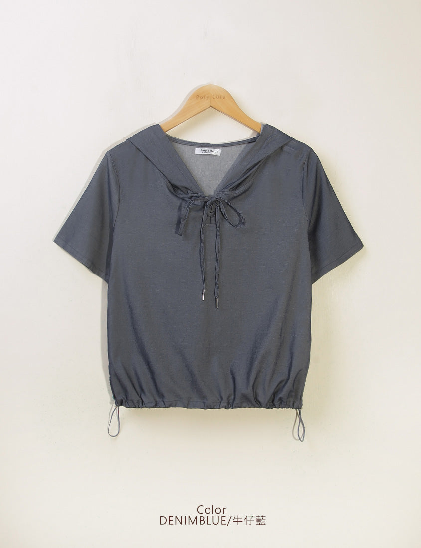 Faux Denim Hoodie Tie-Front Plus Size Short Sleeve Top