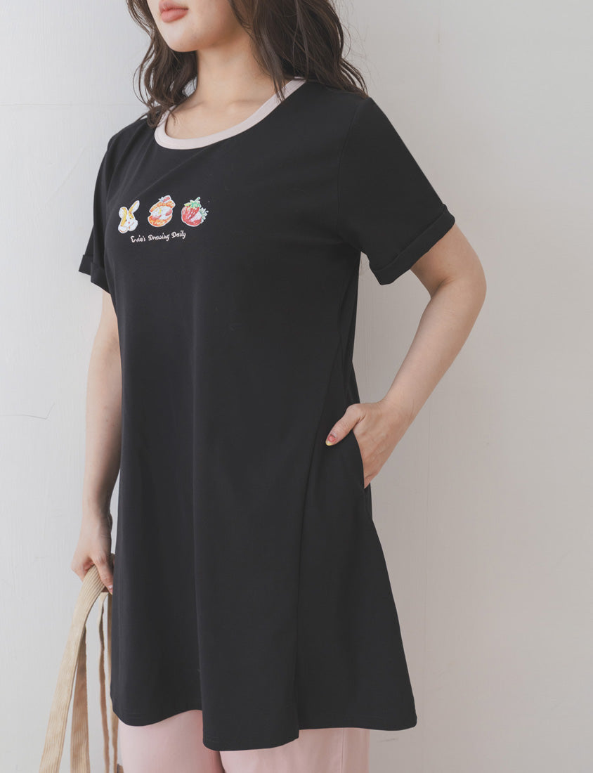 Contrast Crew Neck Hand-Drawn Print Plus Size Dress (Illustrator Collaboration)