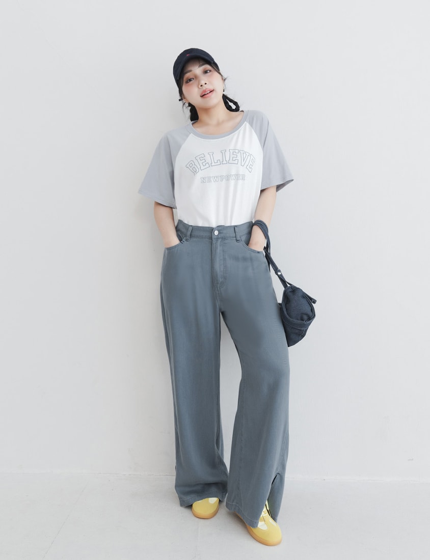 Lyocell Cooling Contrast Stitch Slit Plus Size Wide-Leg Pants