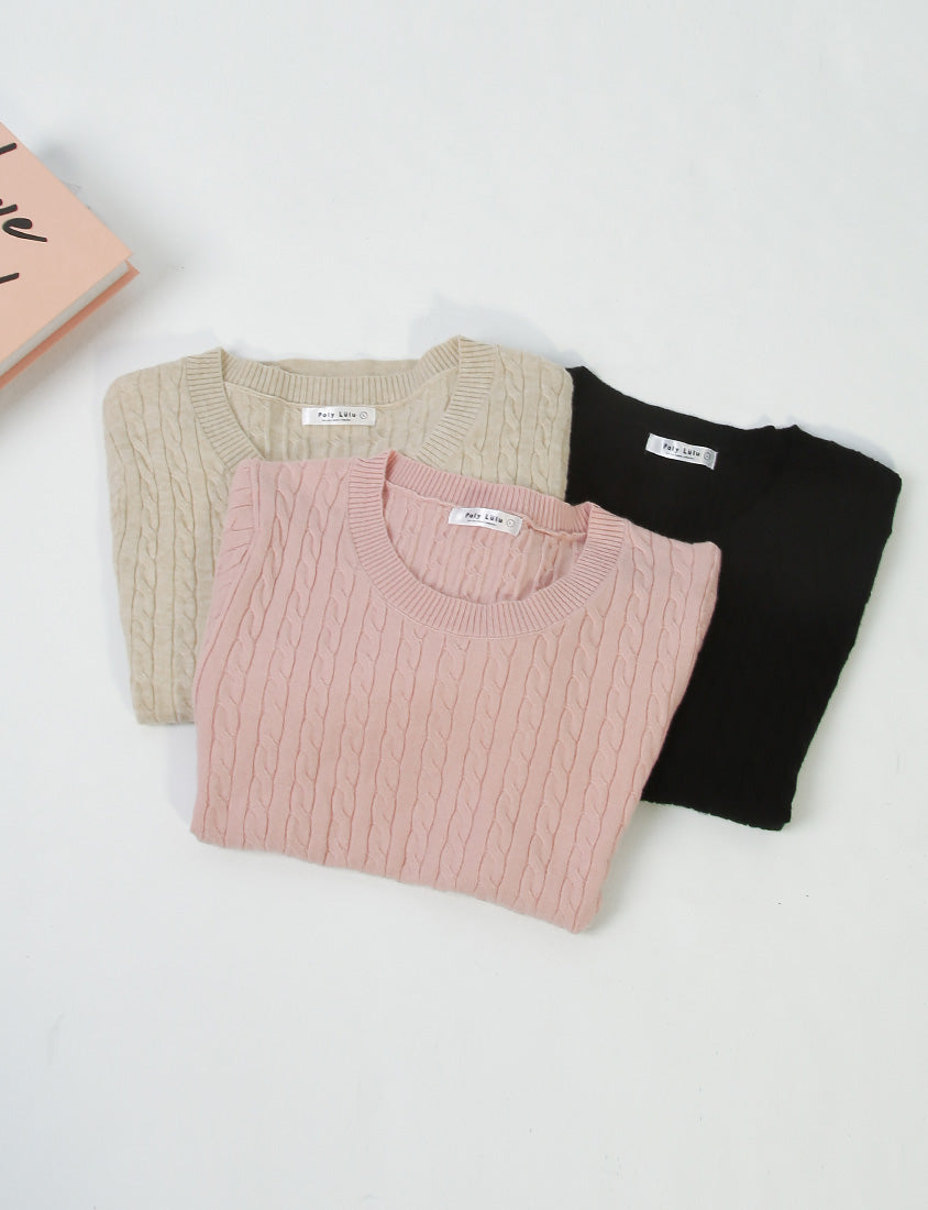 Crewneck Cable Knit Short Sleeve Top