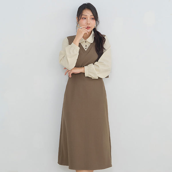 MISS. Contrast Faux Two Piece Waist Tie Plus Size Maxi Dress