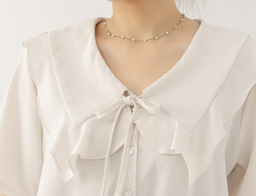 MISS. Heart Buttons Front Tie Ruffle Collar Plus Size Blouse