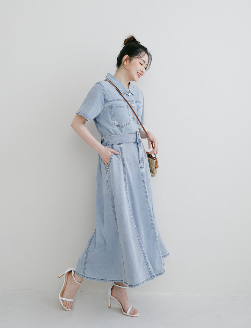 Lyocell Silky Denim Elastic Back Flare Plus Size Maxi Skirt