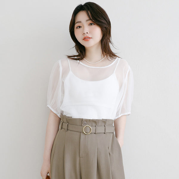 MISS. Sheer Textured Round Neck Puff-Sleeve Plus Size Blouse