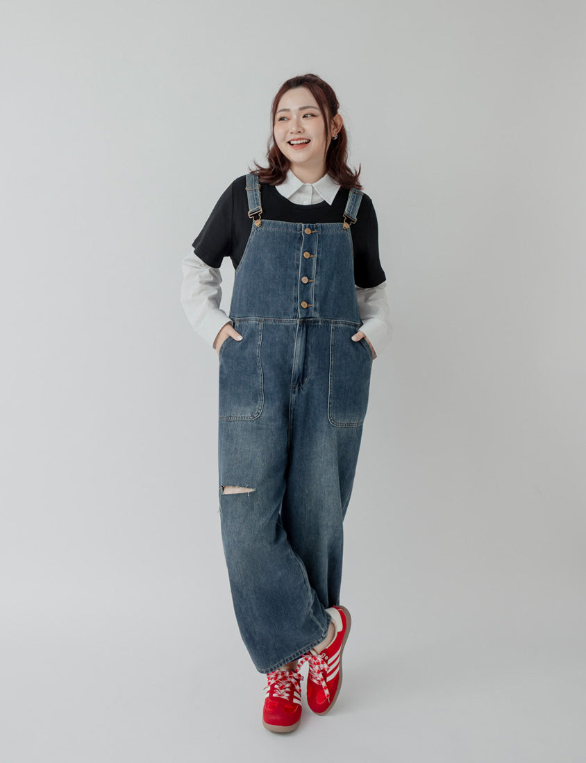 Distressed Button-Up Plus Size Denim Overalls