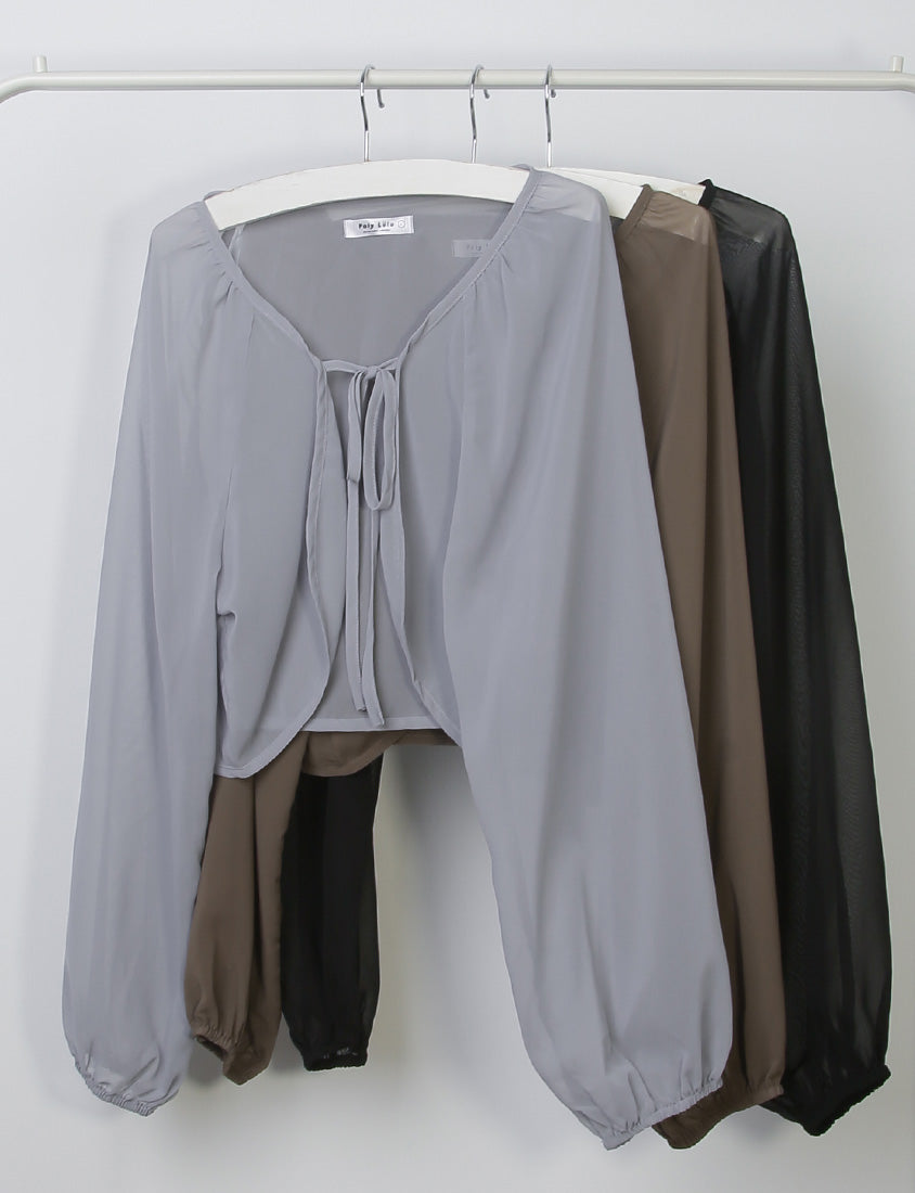 Japanese Style Puff Sleeve Tie Sheer Cropped Plus Size Cover-Up