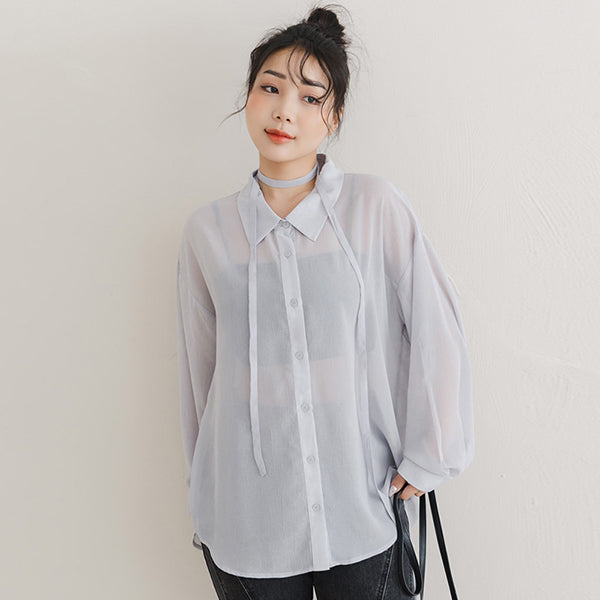 Flowy Crinkled Sheer Plus Size Blouse (With Tie)