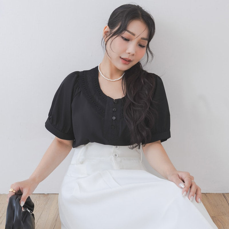 MISS. V-Neck Lace Embroidered Plus Size Puff Sleeve Top