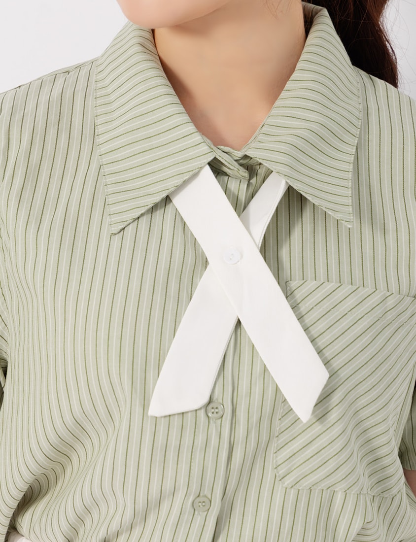 MISS. Preppy Contrast Stripe Plus Size Short Sleeve Shirt (With Neck Tie)