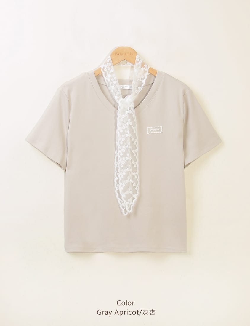 MISS. Cooling V-Neck Lace Plus Size Embroidered Tee (with Scarf)