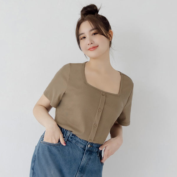 Multi-Color Ribbed Square Neck Faux Button Plus Size Top